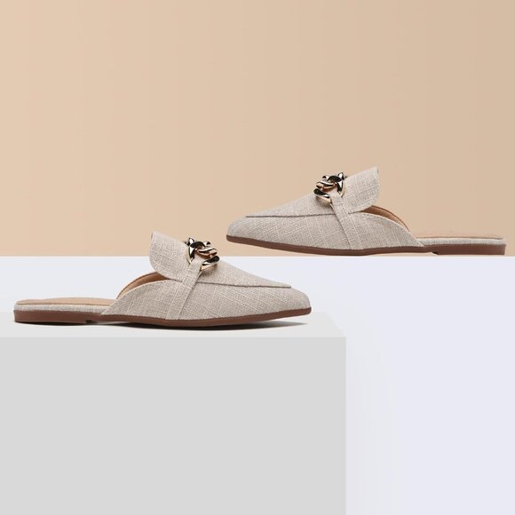 Women Flat Mules Synthetic Metal Chain Decor Pointed Toe Slip On Shoes - Picture 5 of 5